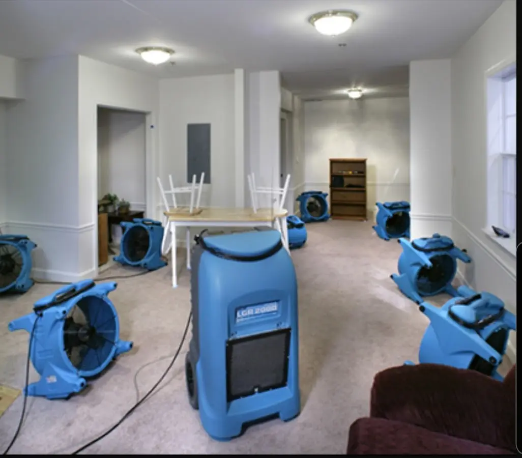 Air movers and dehumidifier setup for Water Damage Restoration in Westphalia